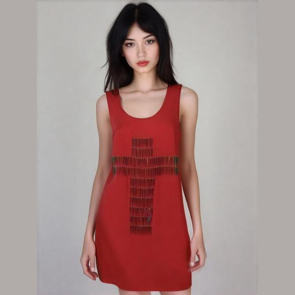 Nameless Red Beaded Cross Sleeveless Cut Out Back Sheath Edgy Mini Dress M - Picture 1 of 11
